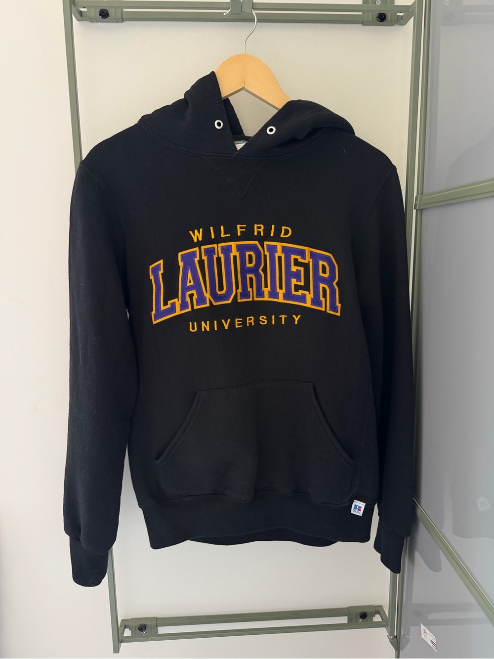 Russell Athletic Black Hoodie with Purple and Gold Laurier Logo